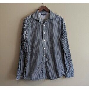 Tommy Hilfiger Size 16 Pinstripe Dress Shirt Slim Fit Blue Mens Large L White LS
